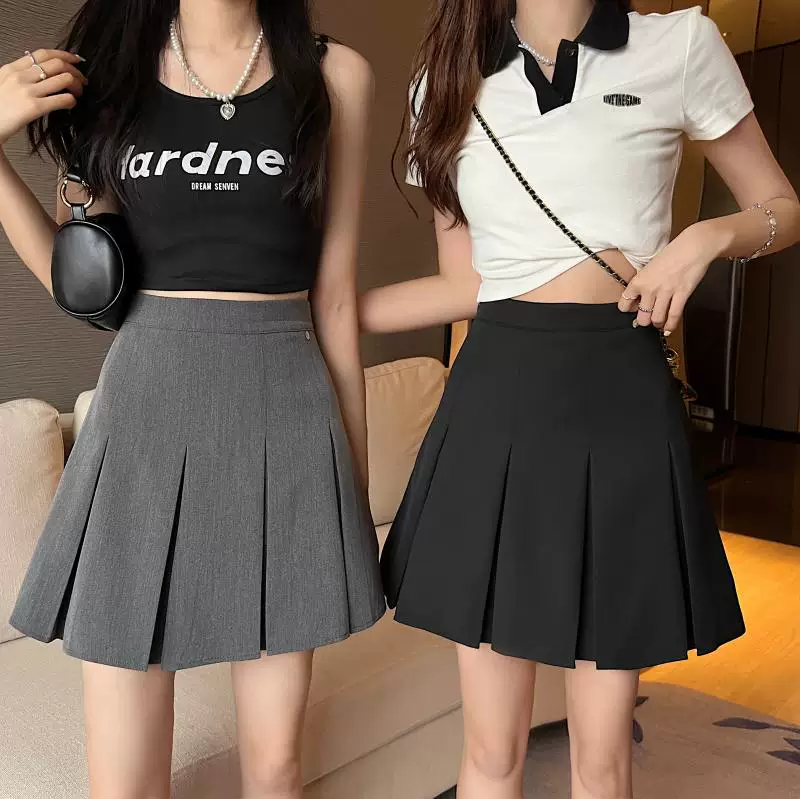 Váy xếp ly kiểu preppy cỡ lớn dành cho nữ, váy chữ A màu xám lưng cao mùa hè, tôn dáng, chống lộ, kiểu dáng vest, váy ngắn kiểu JK.