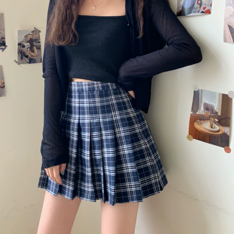 Váy xếp ly ca rô JK, size lớn, cạp cao, dáng chữ A, dành cho nữ, mùa xuân hè, kiểu dáng học sinh, tôn dáng, váy ngắn ca rô