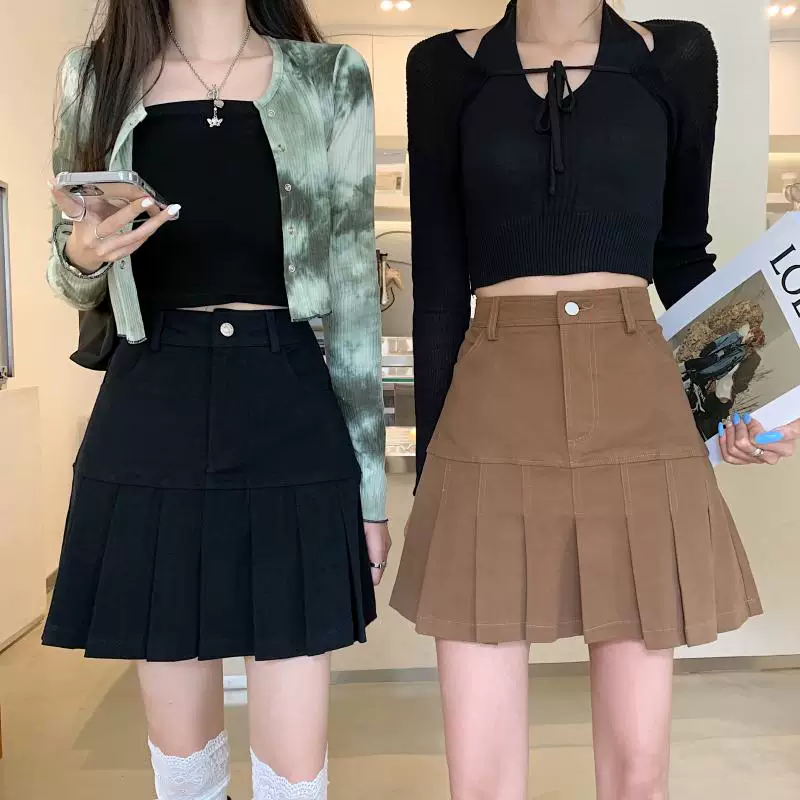 Váy xếp ly nữ mùa hè 2021 kiểu mới, size lớn, dành cho người mập, eo cao, tôn dáng, kiểu dáng cổ điển, dáng chữ A, ngắn