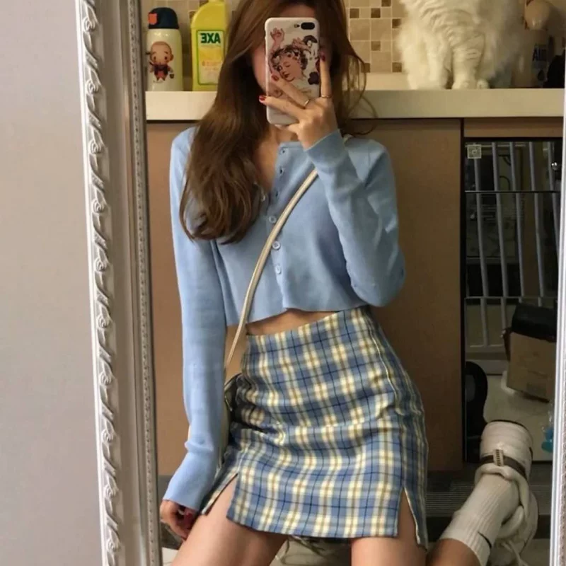 Váy bút chì chữ A mới mùa xuân hè dành cho nữ, cỡ lớn, lưng cao, giảm béo, váy che hông, váy ngắn kẻ sọc BM