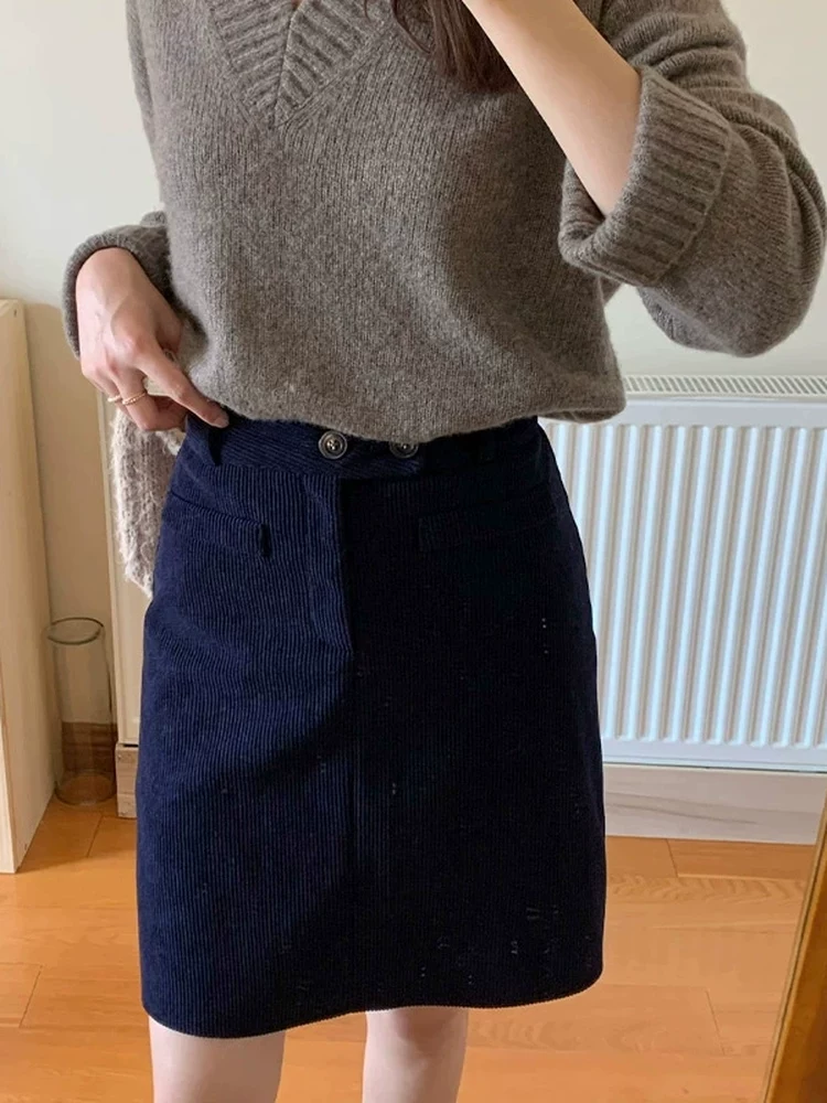 Váy nhung kẻ sọc xanh hải quân dành cho nữ, váy midi dáng chữ A mùa thu đông, cạp cao, cỡ lớn, tôn dáng, váy bút chì, váy ngắn.