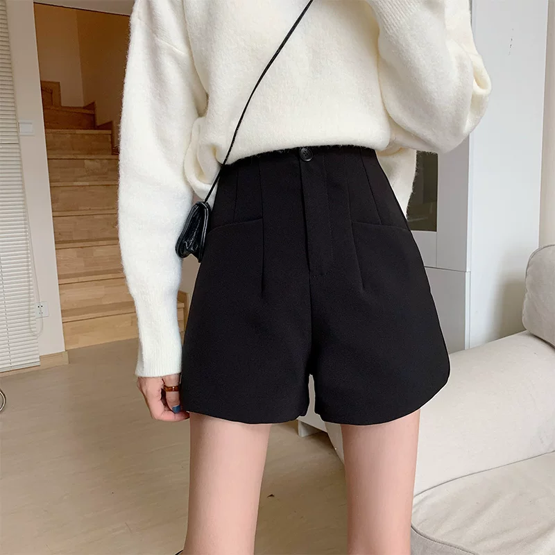 Quần short vest đen ống rộng lưng cao dành cho nữ, dáng rộng, dáng chữ A giảm béo mùa thu đông 2023 kiểu dáng mới quần cỡ lớn, quần short đi kèm áo khoác ngoài