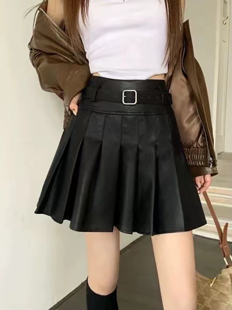 Váy da PU chữ A lưng cao, váy xếp ly, váy nửa thân nữ, váy ngắn chữ A cỡ lớn mùa thu đông hot girl, váy da mini ôm hông màu cà phê