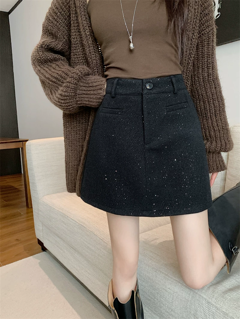 Váy len bóng mượt, váy ôm hông cao eo, size lớn dành cho nữ mùa thu đông, váy ngắn chữ A đính sequin kiểu Chanel