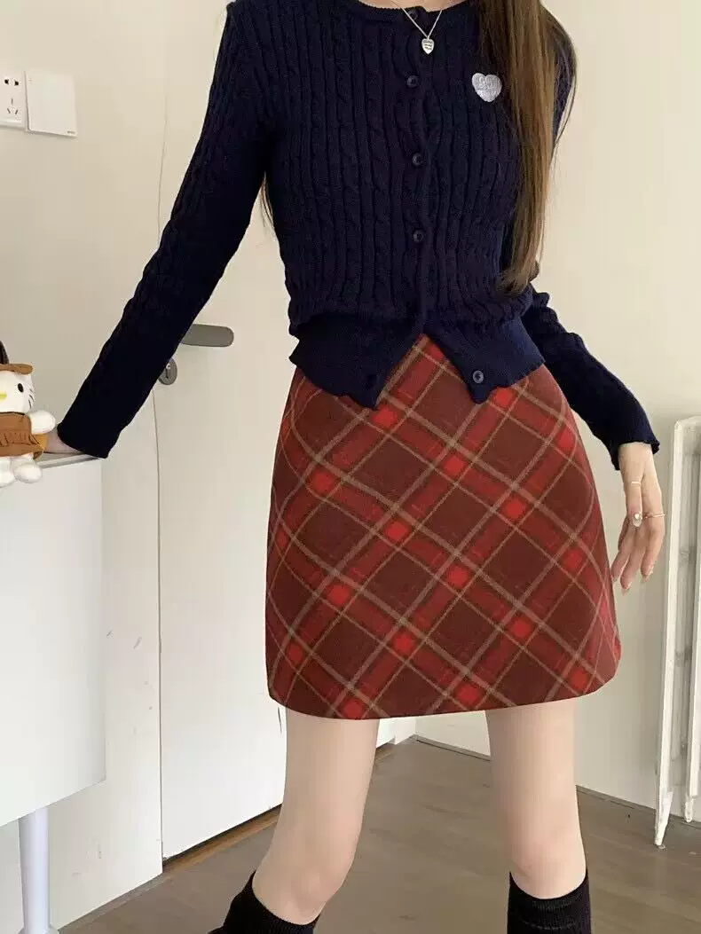 Váy kẻ sọc đỏ cổ điển kiểu Mỹ dành cho nữ, size lớn, gợi cảm, cạp cao, ôm hông, kiểu dáng một bước, tôn dáng, váy ngắn chữ A