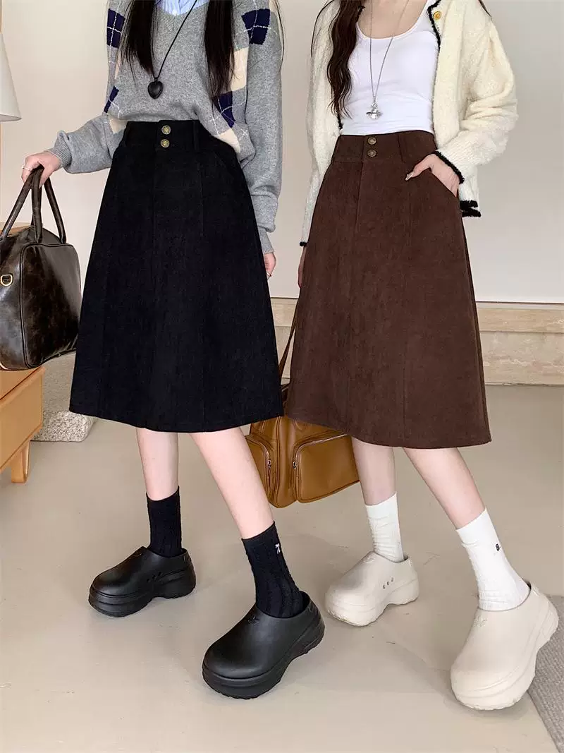 Váy nhung nâu cỡ lớn dành cho nữ, váy midi cạp cao che hông mùa thu đông, váy xòe chữ A tôn dáng.