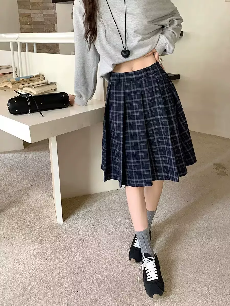 Váy xếp ly kẻ sọc xanh cỡ lớn dành cho nữ, váy chữ A cạp cao tôn dáng mùa xuân hè, váy dài che hông dành cho phụ nữ cỡ lớn.