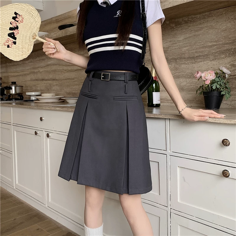 Váy xếp ly màu xám dành cho nữ, dài vừa phải, mùa hè, lưng cao, váy chữ A thon gọn, cỡ lớn, che tay và bụng, váy midi, quần váy.