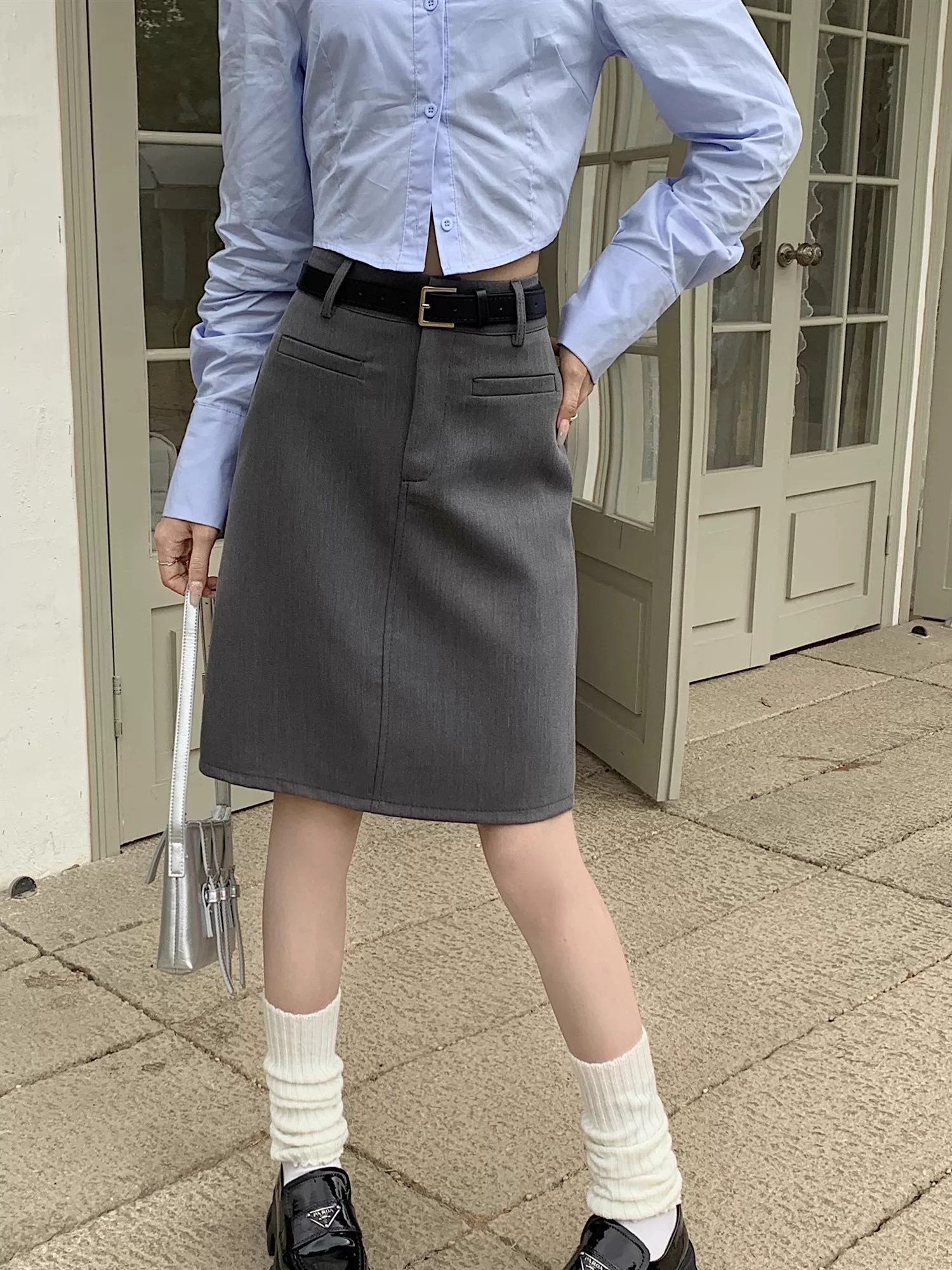 Váy chữ A màu xám dành cho nữ, cỡ lớn mùa hè, cạp cao, che bụng, váy dài vừa phải cho người có thân hình quả lê, váy ngắn nhỏ nhắn.