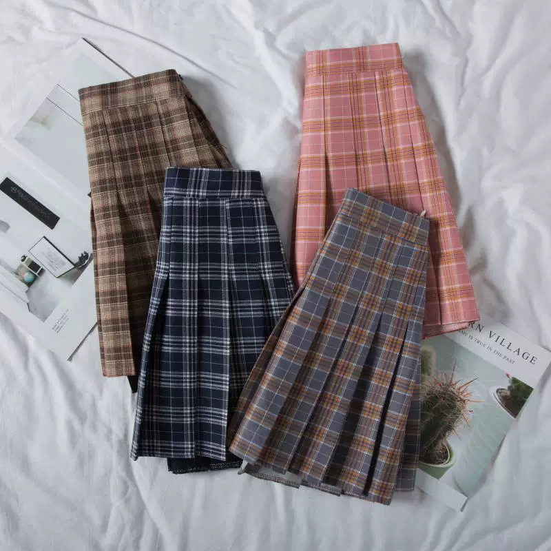 Váy đồng phục mùa xuân JK váy xếp ly nữ cỡ lớn váy ngắn kẻ sọc cô gái béo váy chữ A eo cao váy học sinh giảm béo