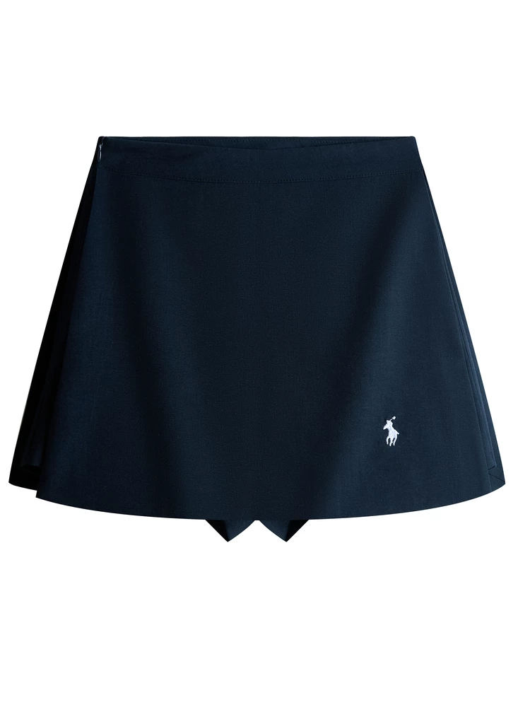 Quần váy xẻ tà thêu màu xanh hải quân cỡ lớn dành cho nữ, quần short dáng ôm mùa hè, quần váy chữ A lưng cao.