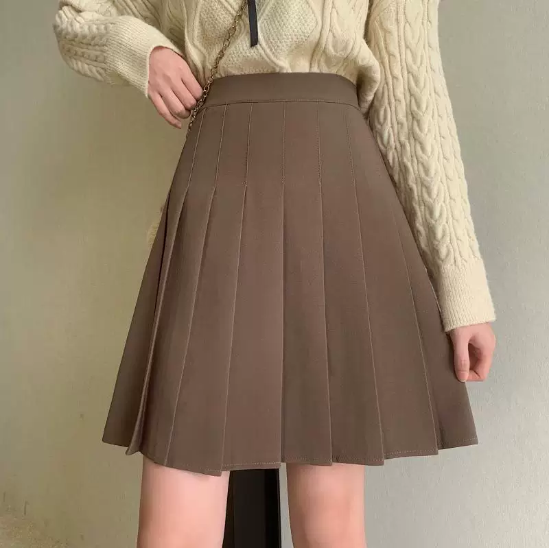 Váy xếp ly dài vừa phải cỡ lớn dành cho nữ, mùa xuân hè, váy chữ A cạp cao che hông, kiểu học sinh, chống lộ, váy phồng.