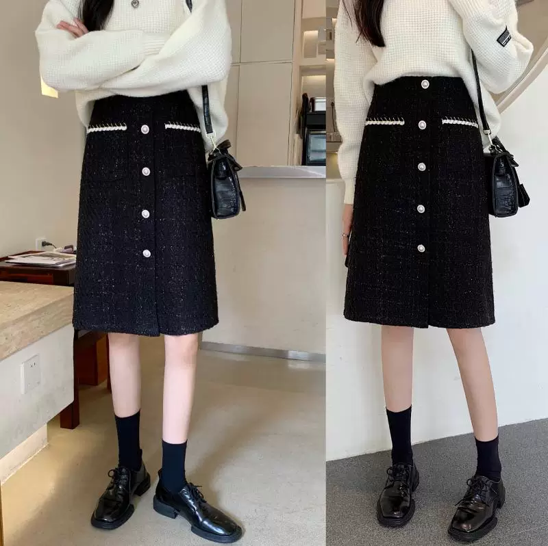 Váy tweed cỡ lớn dành cho nữ, mùa thu đông, váy midi cạp cao ôm hông, tôn dáng, che hông, váy ngắn dáng chữ A dành cho phụ nữ có đường cong.
