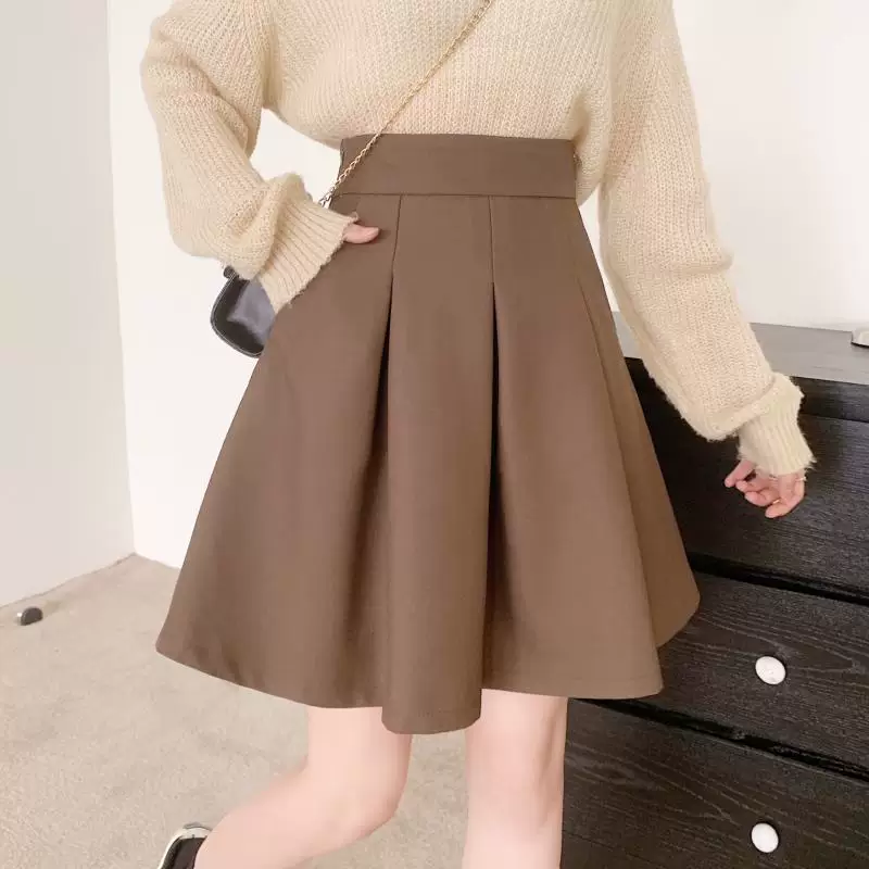 Váy xếp ly dành cho nữ, dài vừa phải, mùa hè, cỡ lớn, váy chữ A cạp cao, dành cho phụ nữ có đường cong, phong cách preppy, váy dù, chống lộ, váy nửa xòe.