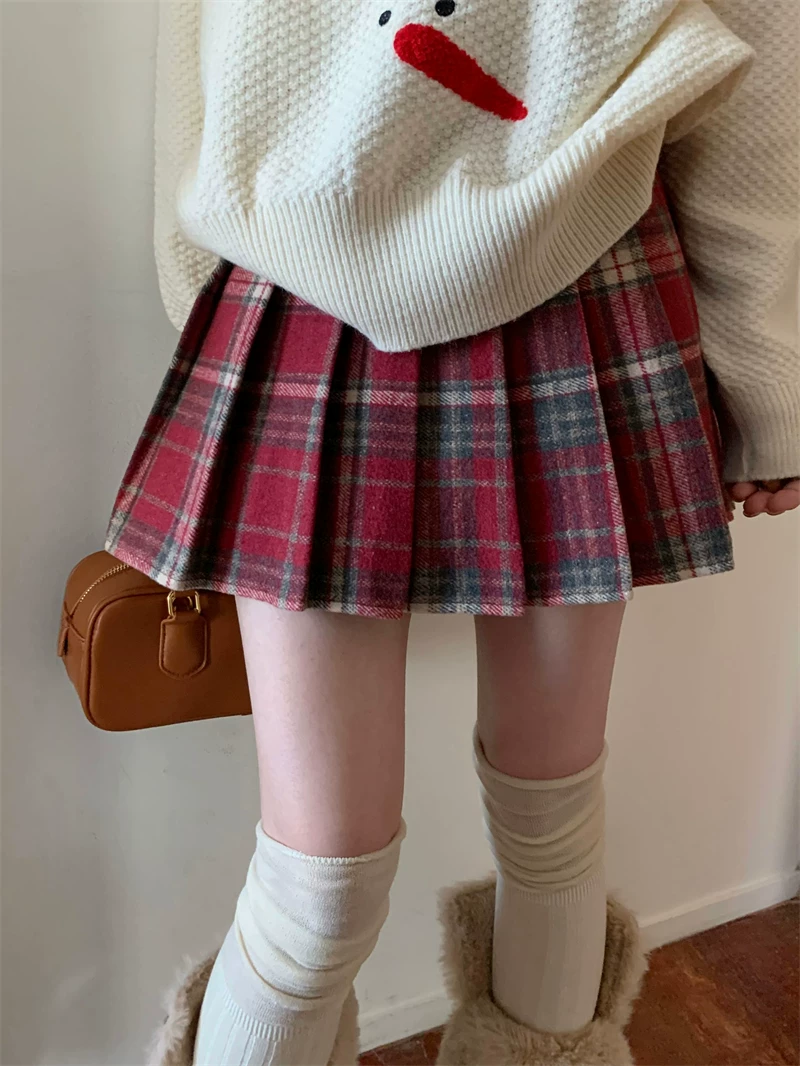 Váy xếp ly kẻ đỏ Giáng sinh phong cách preppy nữ, mùa thu đông, size lớn, eo cao, dáng chữ A, ngắn, nửa thân