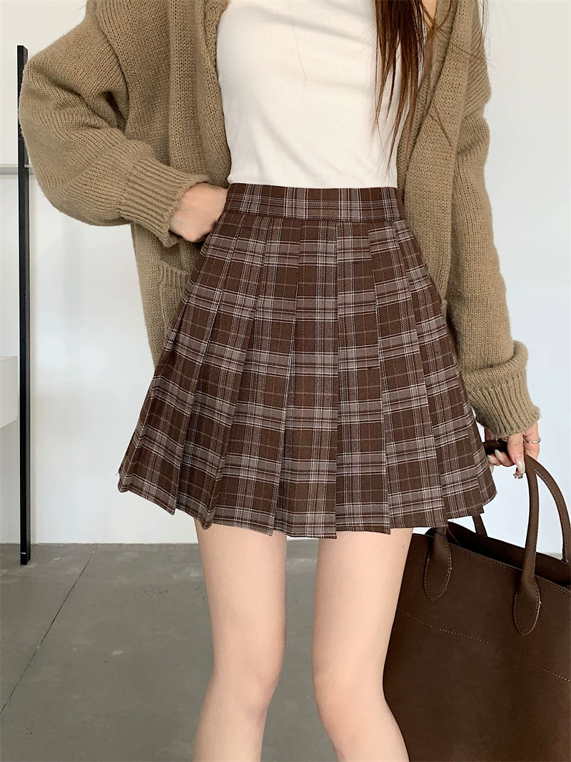 Váy xếp ly kẻ ca rô nâu cổ điển dành cho nữ, mùa thu đông, size lớn, size nhỏ, cạp cao, dáng chữ A, váy ngắn kiểu JK