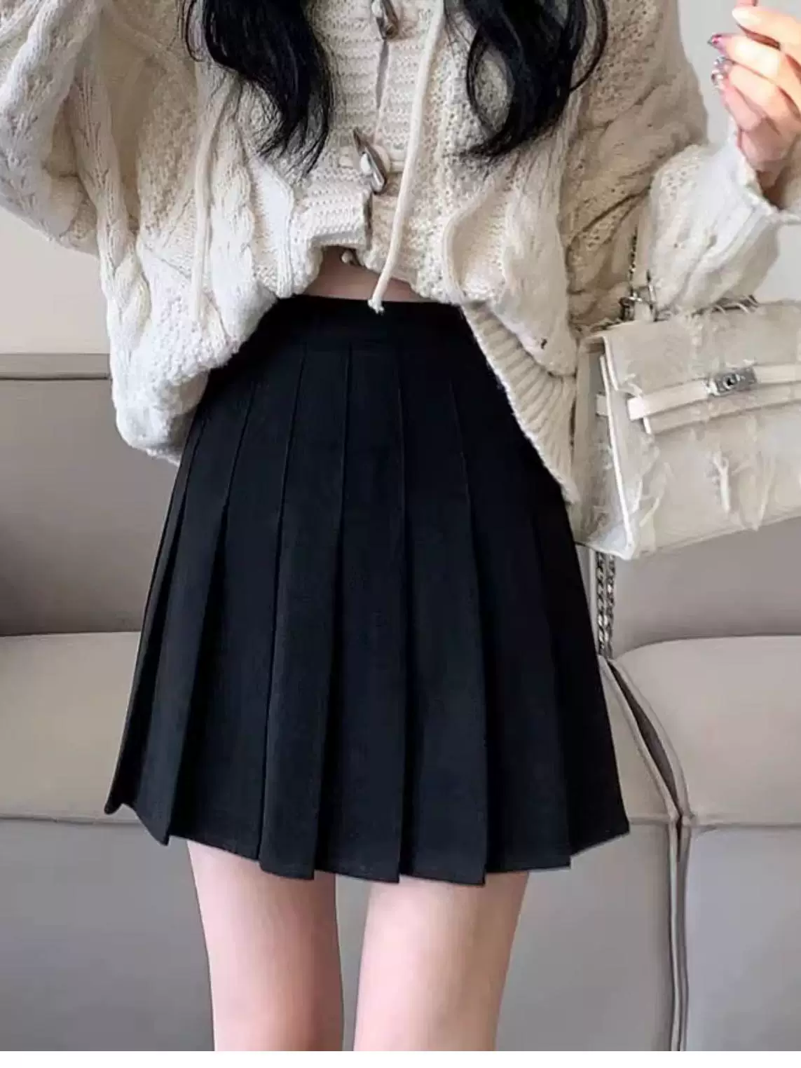 Váy len xếp ly màu xám dành cho nữ, mùa thu đông, dáng nhỏ nhắn, lưng cao, váy chữ A thon gọn, phong cách preppy, váy nửa thân chống lộ