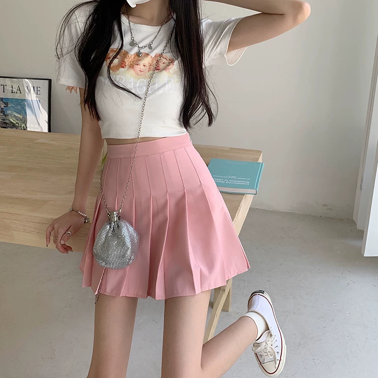 Váy xếp ly màu hồng giảm béo cỡ lớn dành cho nữ, váy chữ A cạp cao che hông mùa hè, váy ngắn chống lộ phong cách học sinh.