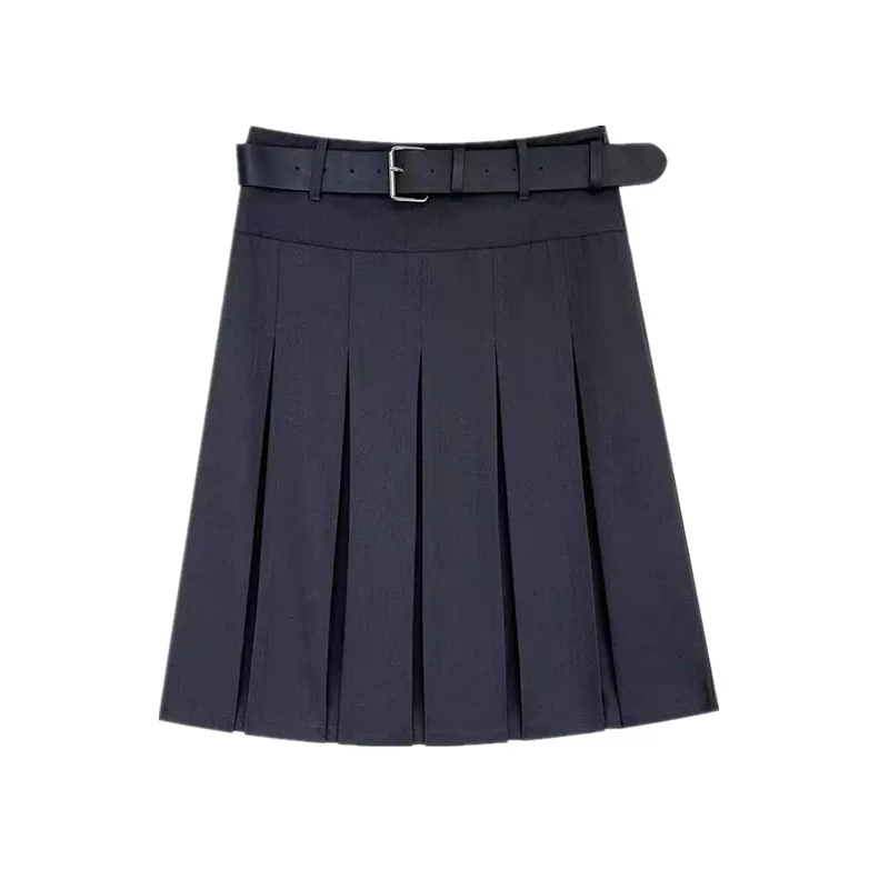 Váy dài xếp ly cao eo kiểu retro nữ, size lớn, mùa thu 2025, dáng quả lê, màu xám, dáng chữ A, dài ngang đùi