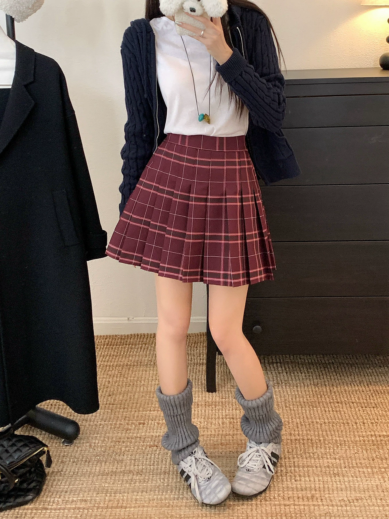 Váy xếp ly kẻ sọc đỏ phong cách đại học dành cho nữ, mùa thu đông, váy kẻ sọc đa năng cỡ lớn JK, váy chữ A lưng cao, váy ngắn thon gọn