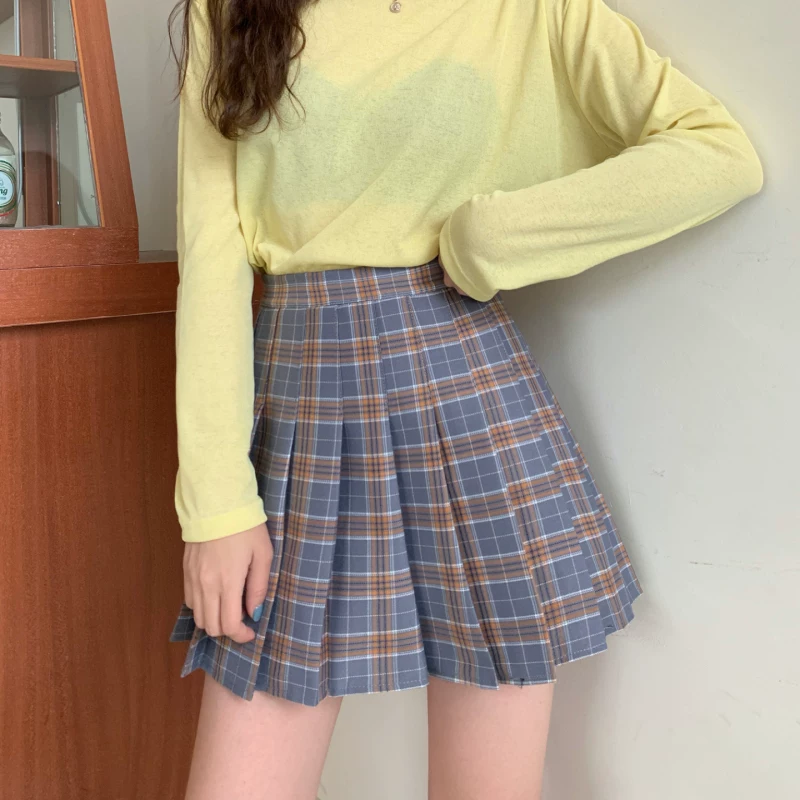 Váy xếp ly ca rô JK, size lớn, cạp cao, dáng chữ A, dành cho nữ, mùa xuân hè, kiểu dáng học sinh, tôn dáng, váy ngắn ca rô