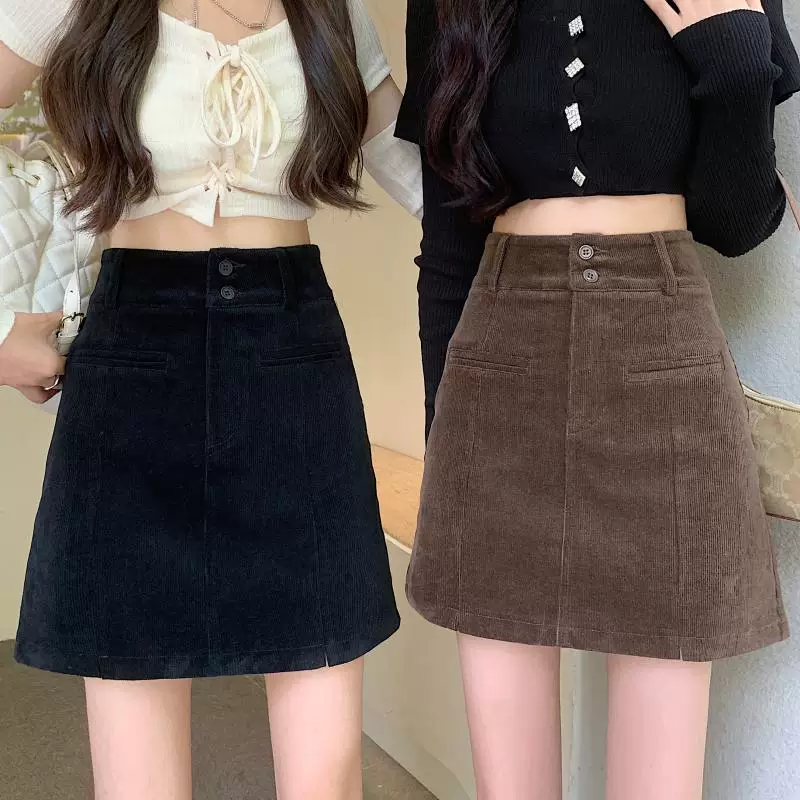 Váy ngắn chữ A bằng vải nhung cổ điển cỡ lớn dành cho nữ, váy ngắn màu đen eo cao giảm béo mùa thu, chống lộ, che bụng, ôm hông.