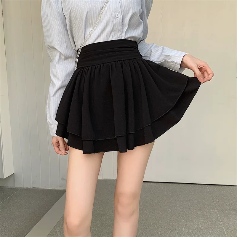 Váy xếp tầng xếp ly chữ A lưng cao bằng vải voan cỡ lớn mùa xuân hè 2023 váy phồng váy ngắn chống lộ váy nửa thân che hông