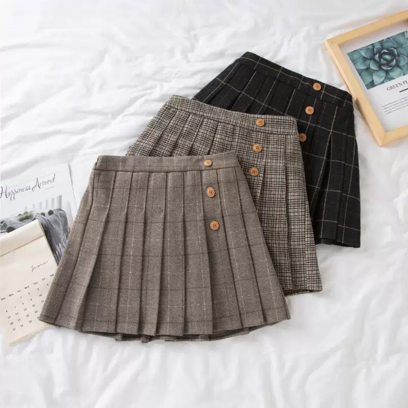 Váy len xếp ly cỡ lớn, váy ngắn, váy nửa thân cho nữ, mùa thu đông, giảm béo cho phụ nữ mũm mĩm, che hông, váy kẻ sọc dày, váy chữ A.