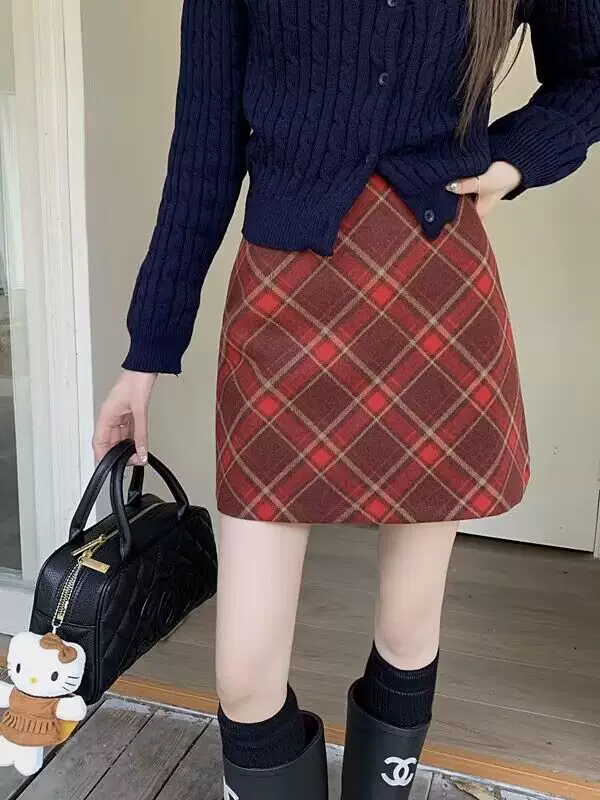 Váy kẻ sọc đỏ cổ điển kiểu Mỹ dành cho nữ, size lớn, gợi cảm, cạp cao, ôm hông, kiểu dáng một bước, tôn dáng, váy ngắn chữ A