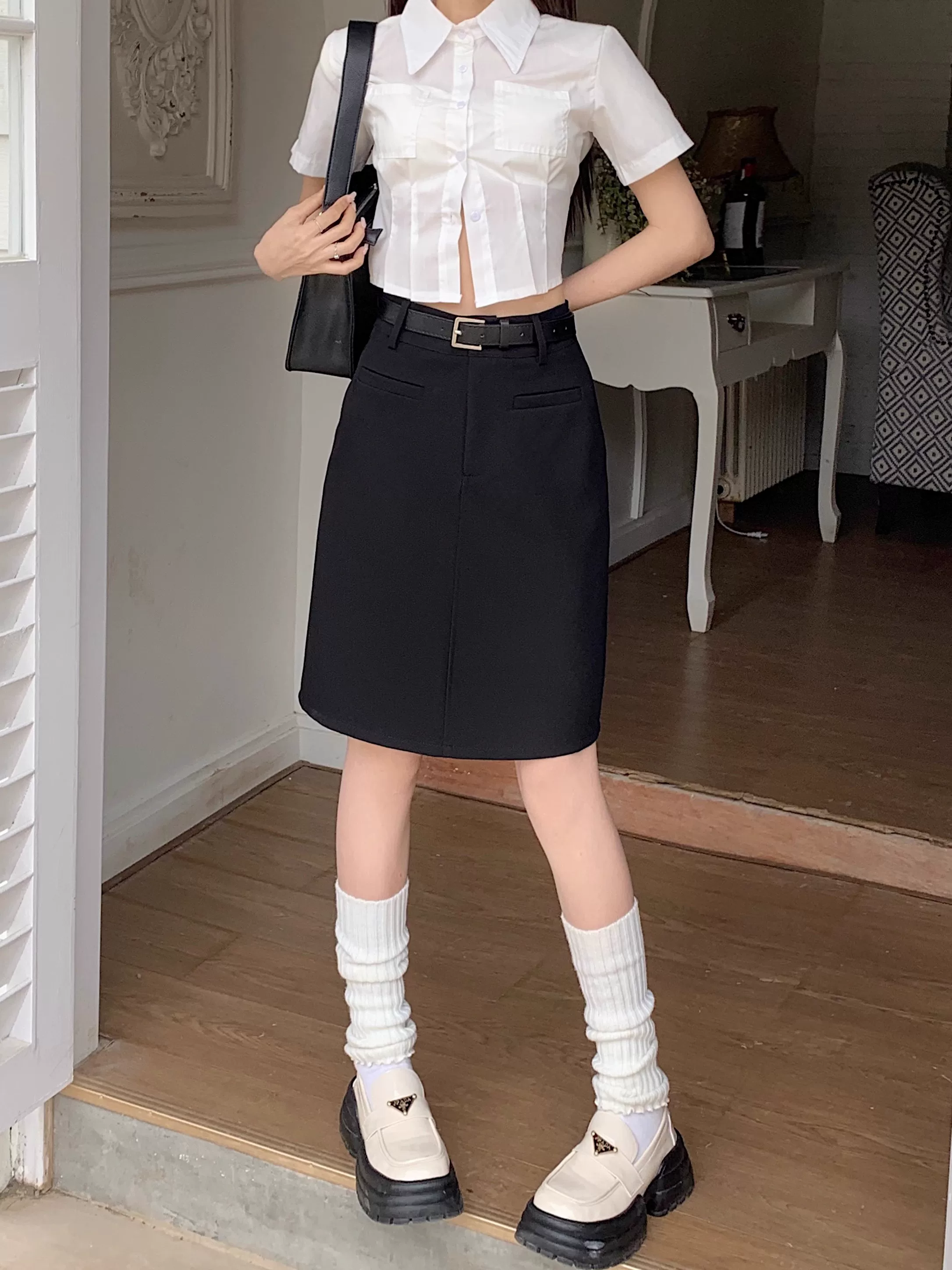 Váy chữ A màu xám dành cho nữ, cỡ lớn mùa hè, cạp cao, che bụng, váy dài vừa phải cho người có thân hình quả lê, váy ngắn nhỏ nhắn.