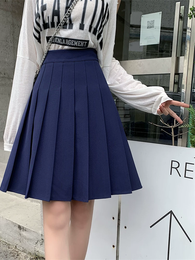 Váy xếp ly màu xanh TB dành cho nữ, váy kiểu preppy cạp cao chống lộ mùa thu đông, váy chữ A, váy nửa thân thon gọn.