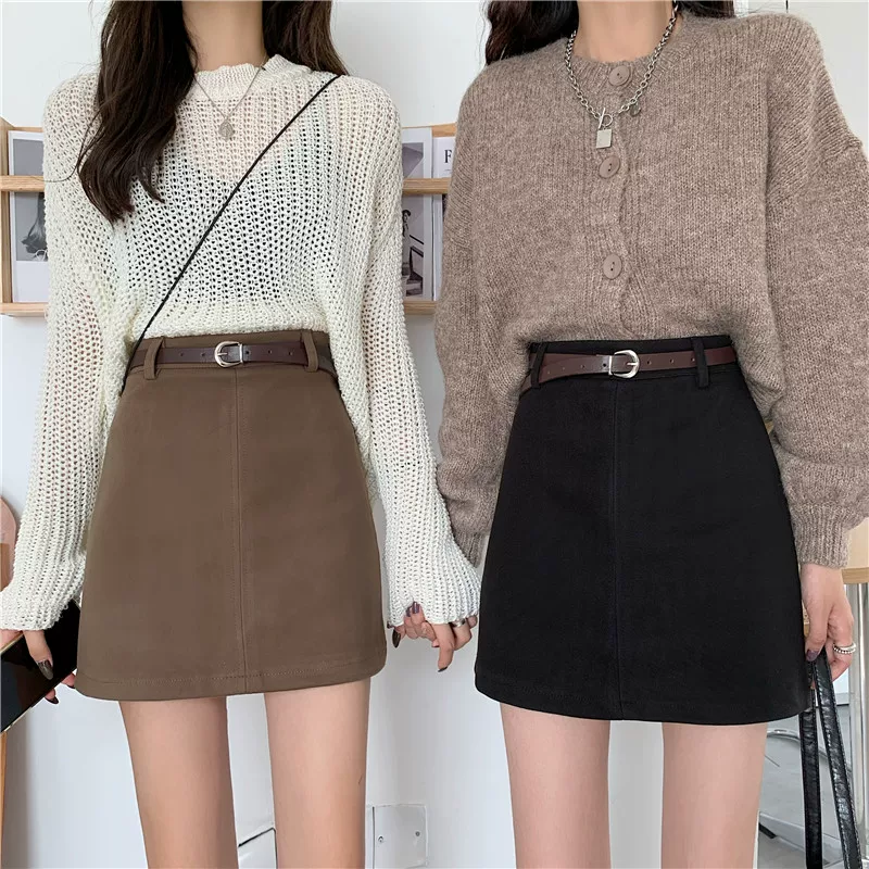 Váy len màu nâu cỡ lớn dành cho nữ, váy bút chì chữ A cạp cao mùa thu đông, che hông, váy ngắn thon gọn.