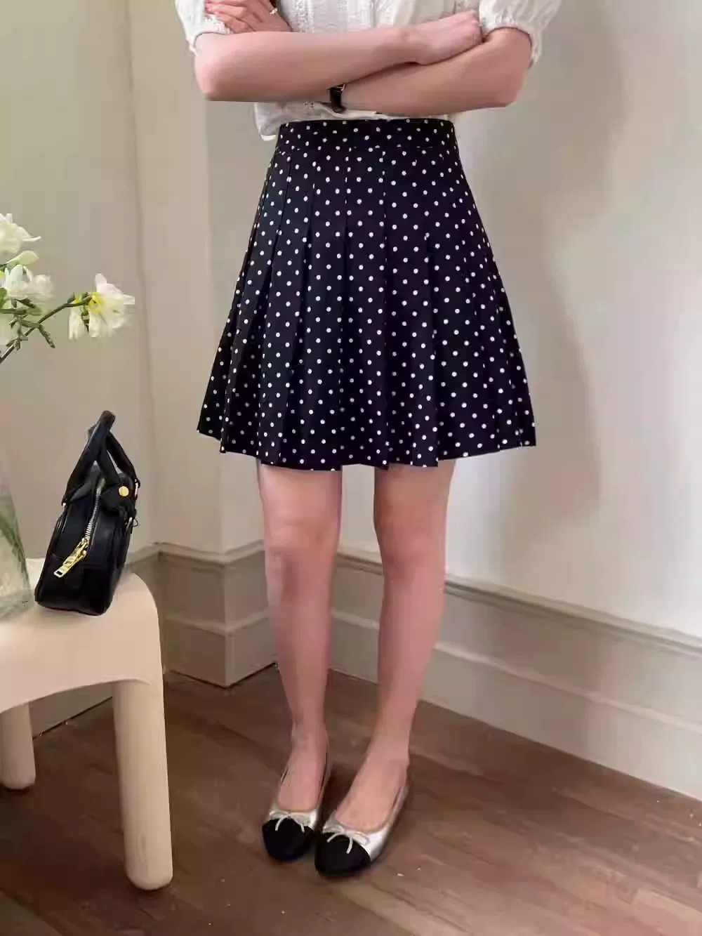 Váy xếp ly voan chấm bi dành cho nữ, váy bodycon chữ A cạp cao cỡ lớn mùa hè, giúp giảm béo cho phụ nữ cỡ lớn, váy nửa thân chống lộ.