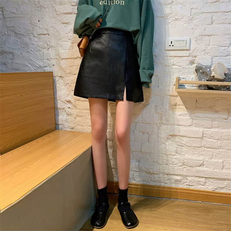Váy da PU mùa thu đông, phong cách Hàn Quốc, cỡ lớn, lưng cao, xẻ tà, váy bút chì ôm sát, váy ngắn chữ A cỡ lớn dành cho học sinh.