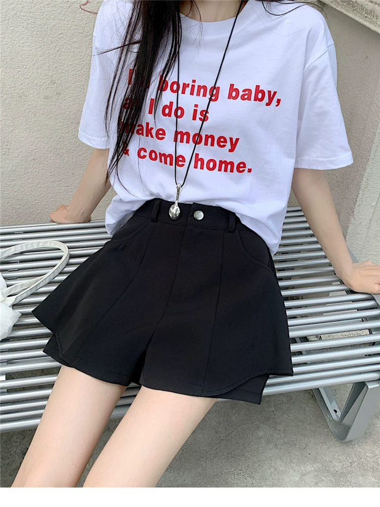 Quần short vest đen cỡ lớn, kiểu dáng mùa hè mới dành cho phụ nữ mũm mĩm, cạp cao, dáng chữ A thon gọn, che bụng, quần ống rộng, quần váy thường ngày.