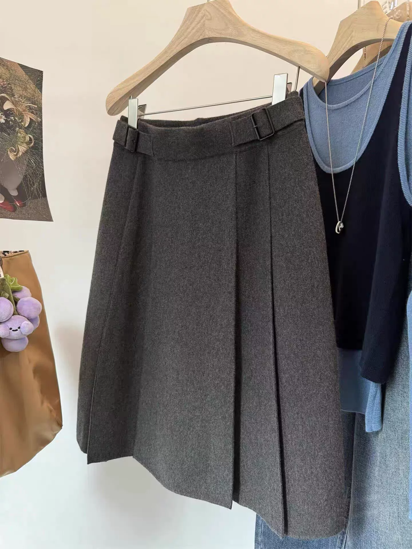 Váy len xếp ly màu xám cao cấp, dáng dài, size lớn cho nữ, váy chữ A dài trung bình mùa thu đông, váy phong cách preppy