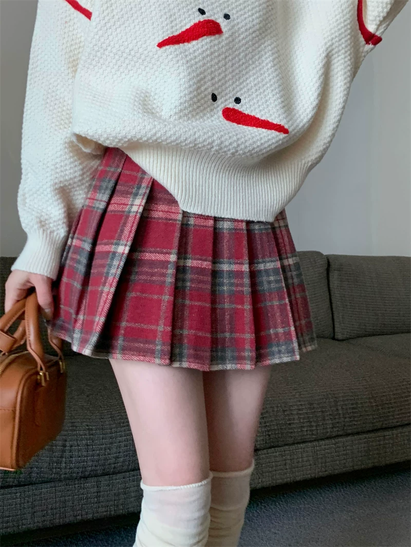 Váy xếp ly kẻ đỏ Giáng sinh phong cách preppy nữ, mùa thu đông, size lớn, eo cao, dáng chữ A, ngắn, nửa thân