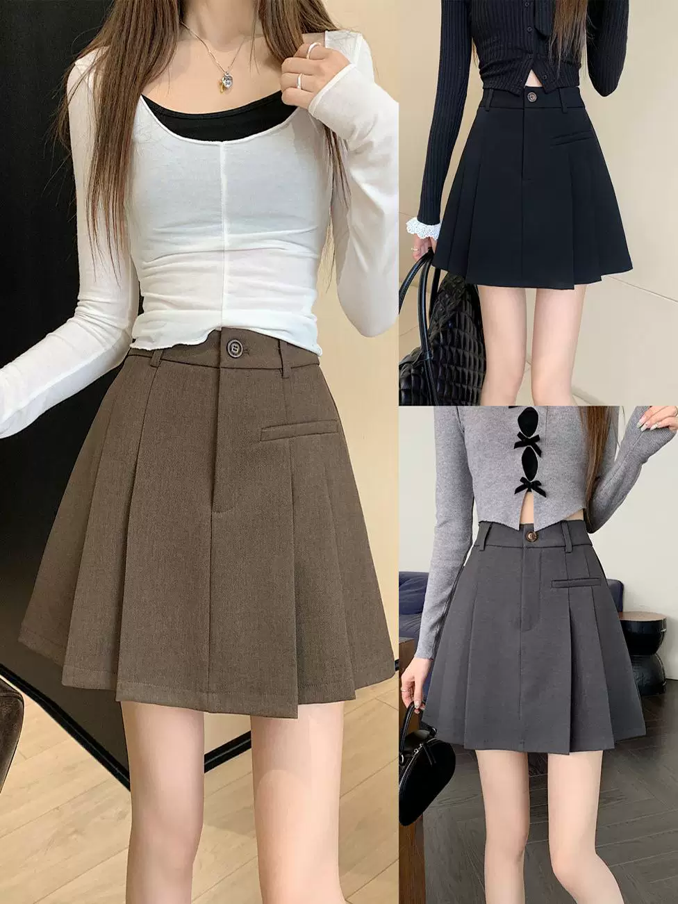 Váy xếp ly chất liệu vải vest màu xám, cạp cao, size lớn dành cho nữ, kiểu dáng chữ A ngắn, chống lộ, mùa xuân hè, tôn dáng, phong cách sinh viên.