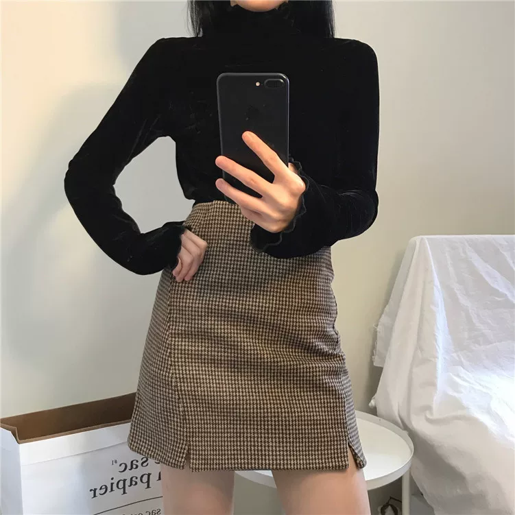 Váy kẻ sọc cỡ lớn Váy len thu đông dành cho phụ nữ cỡ lớn, váy chữ A thon gọn, váy ngắn xẻ tà cao cấp dành cho nữ