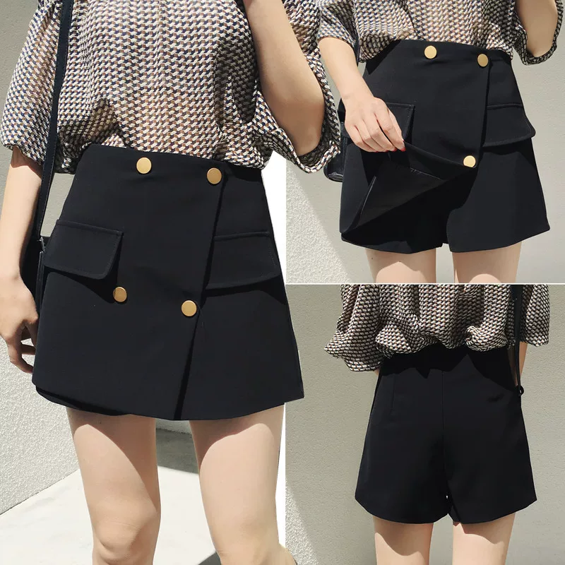 Quần short chữ A cài khuy dành cho nữ cỡ lớn để mặc ngoài, quần váy giả hai mảnh cạp cao dành cho nữ cỡ lớn, váy quần ống rộng phong cách Hàn Quốc.