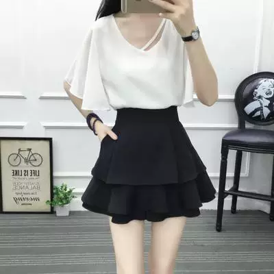 Váy bánh bèo cỡ lớn mùa thu đông dành cho nữ có quần short chống lộ, quần áo nữ cỡ lớn, váy chữ A màu đen có quần short, váy nửa thân.