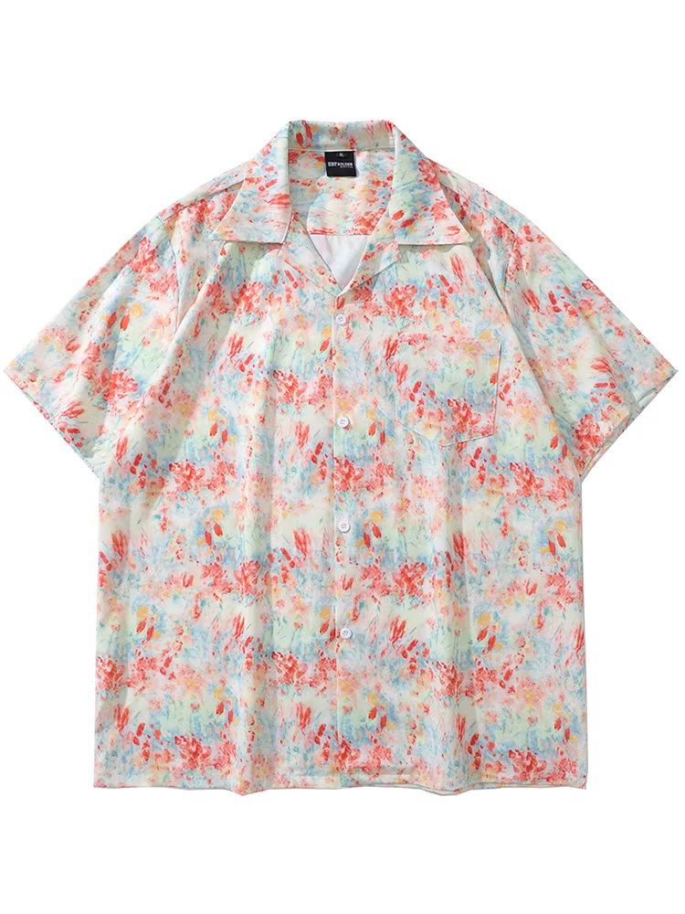 Từ sao Hỏa, màu sắc tươi sáng, thiết kế cổ điển theo phong cách Hồng Kông, in họa tiết toàn thân, áo sơ mi ngắn tay dáng rộng thông thường mùa hè dành cho cả nam và nữ