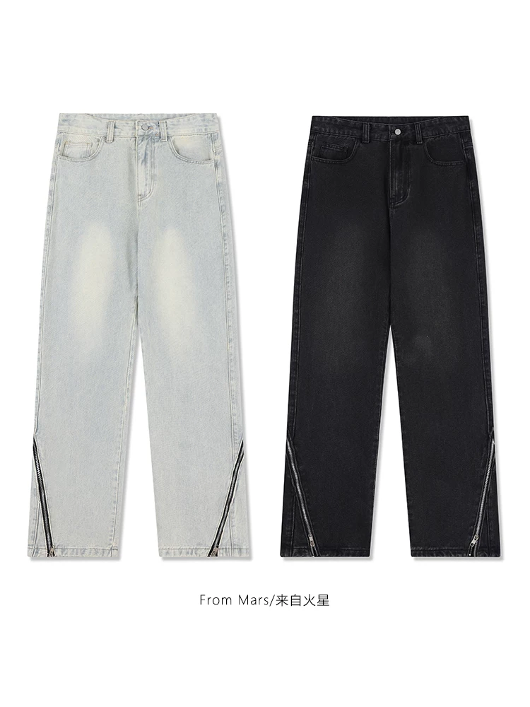 Từ Mars Thiết kế dây kéo cổ điển kiểu Nhật Bản quần jean ống thẳng unisex quần ống rộng dáng rộng thông thường