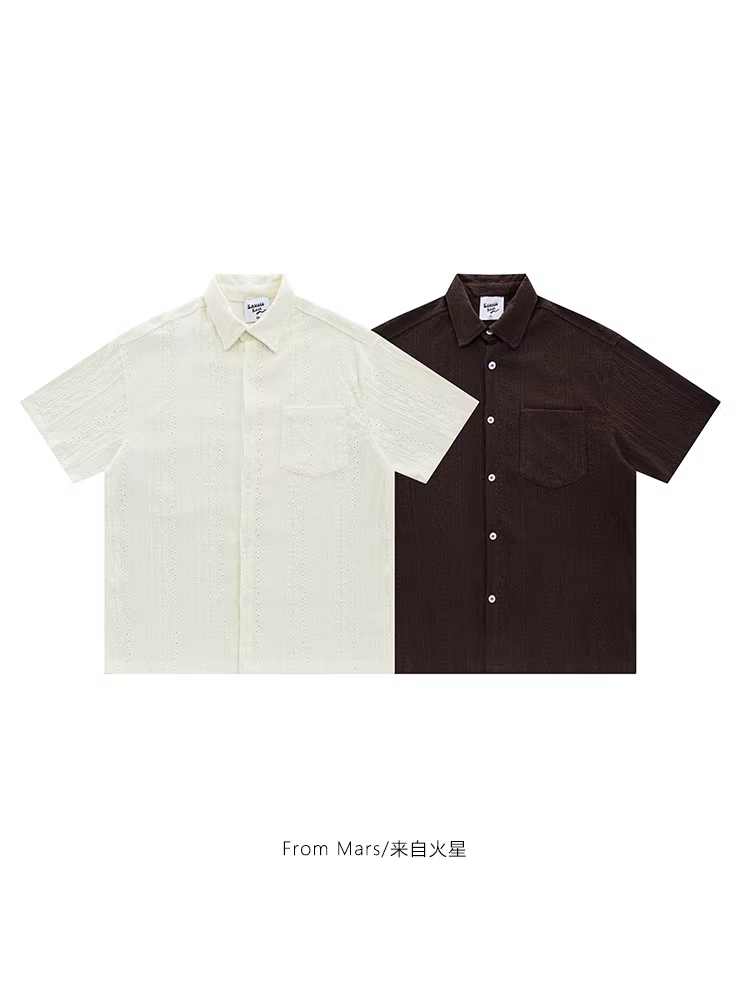 Từ sao Hỏa thiết kế họa tiết phức tạp áo sơ mi ngắn tay dành cho cặp đôi unisex phong cách Nhật Bản rộng rãi và đa năng