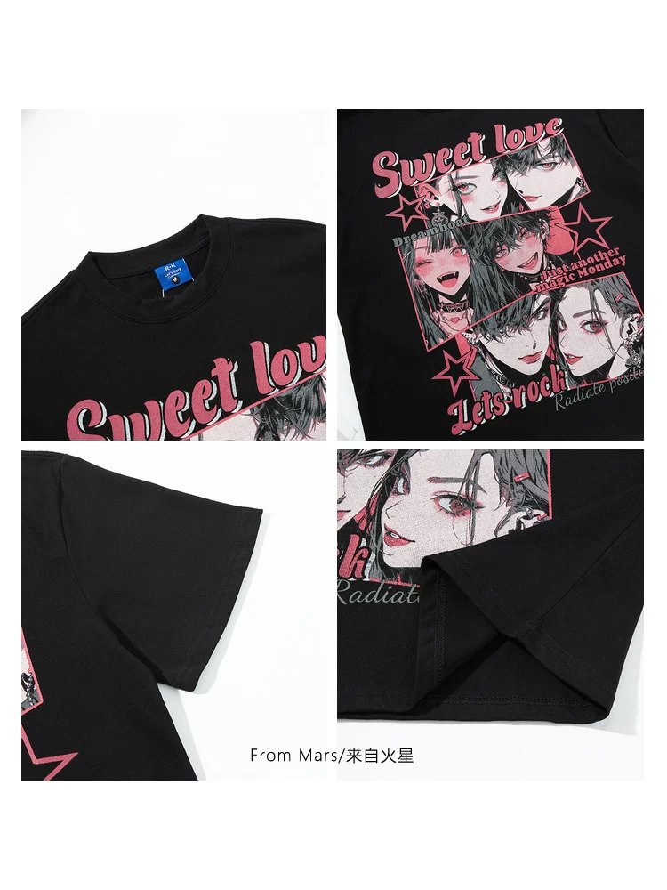 From Mars Sweet Love Phim hoạt hình đường phố Nhật Bản In hai chiều dáng rộng Ins Style Áo thun ngắn tay Unisex