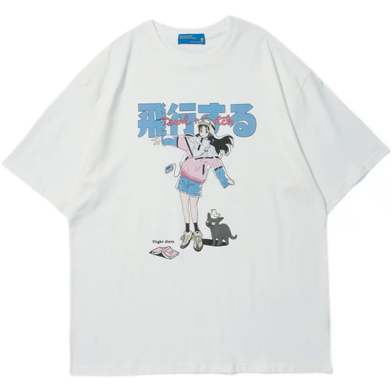 Từ Mars Flying Girl and Her Cat Phong cách cổ điển Nhật Bản JK Print Phong cách Harajuku Tay áo ngắn dáng rộng Ins