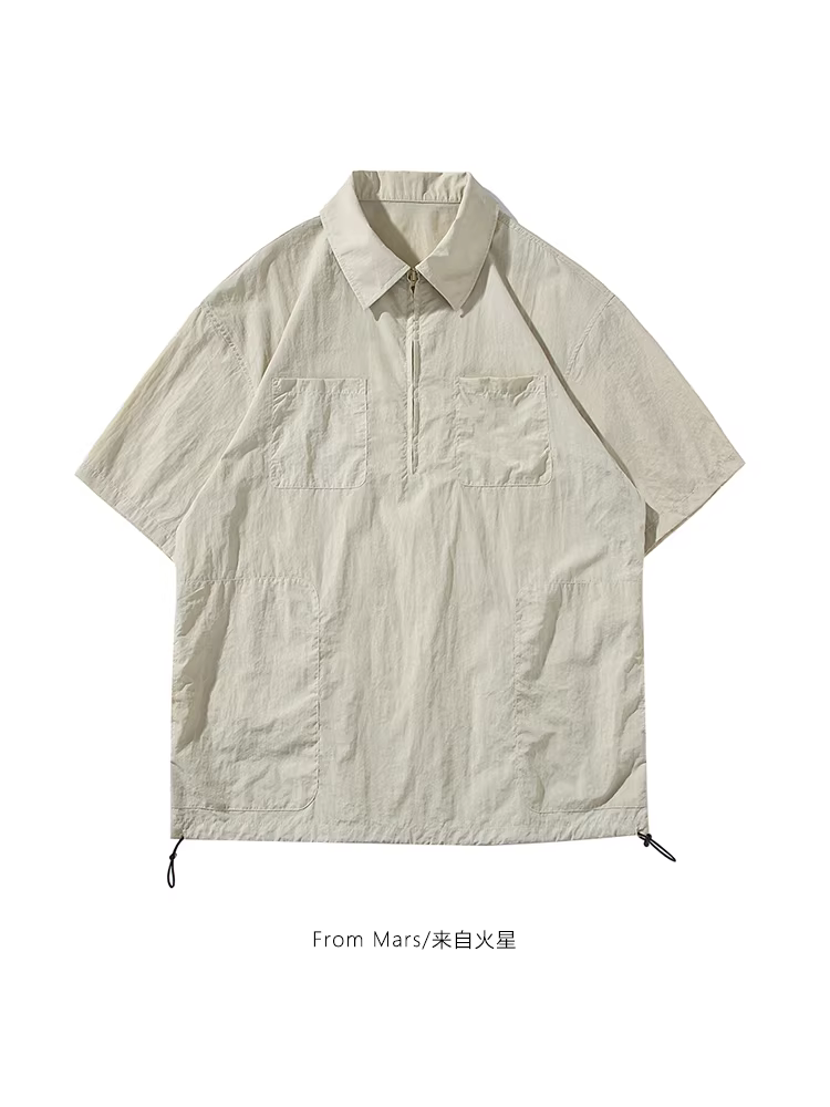 From Mars Thi đấu trong từng khoảnh khắc Áo sơ mi ngắn tay có dây kéo kiểu Nhật Bản Áo sơ mi ngắn tay co giãn dáng rộng đa năng Trang phục thường ngày dành cho cặp đôi