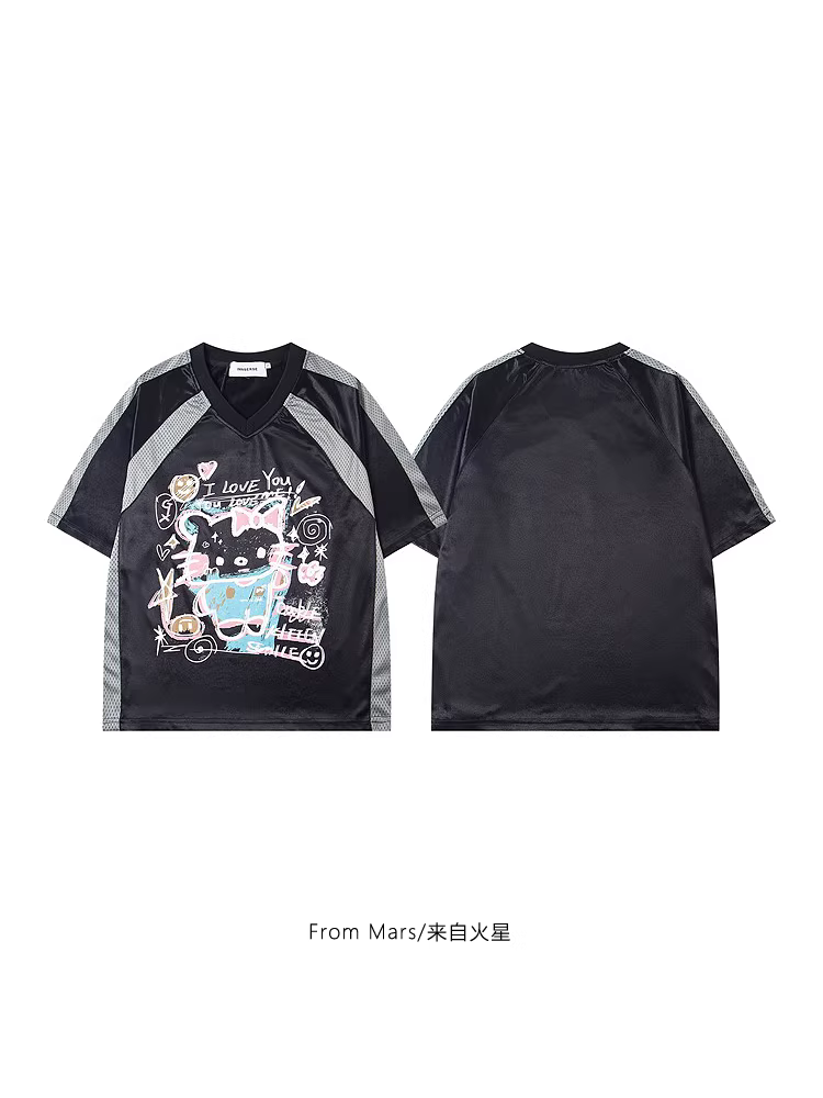 Từ sao Hỏa, như thường lệ, áo thun thể thao cổ chữ V phong cách Mỹ có họa tiết graffiti, áo thun thể thao ngắn tay kiểu ghép mảnh bf.