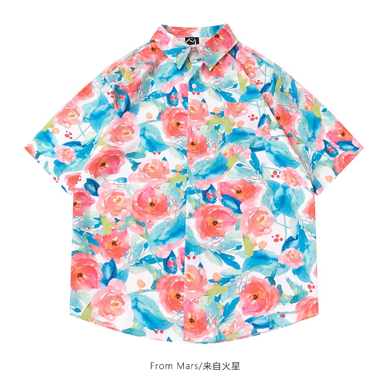 Từ sao Hỏa, tranh sơn dầu hoa hồng màu hồng, phong cách nghệ thuật lười biếng, áo sơ mi ngắn tay hợp thời trang, thương hiệu thời trang, kiểu dáng rộng, phong cách Hawaii