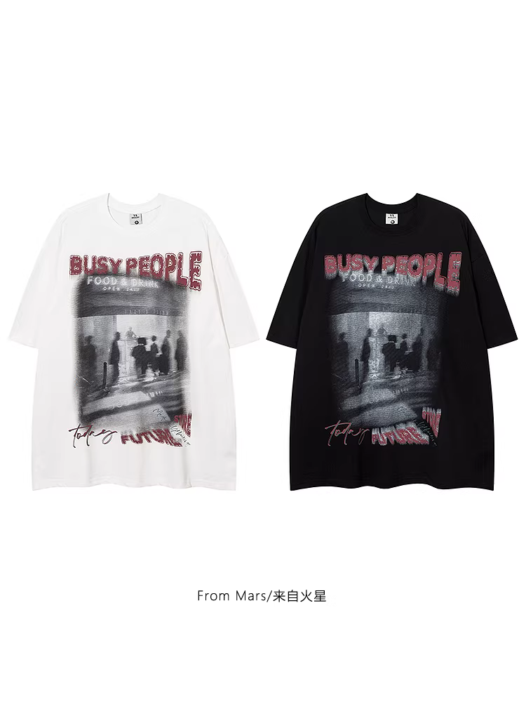 Từ Mars Street Photography Cuộc sống hàng ngày Phong cách đường phố Hip-Hop châu Âu và Mỹ In hình nhân vật Áo thun ngắn tay dáng rộng thường ngày bf